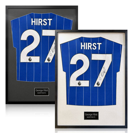 The Fan Cave George Hirst signed framed Ipswich Town football shirt 50 x 70 cm