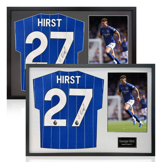 The Fan Cave George Hirst signed framed Ipswich Town football shirt with photo 50 x 70 cm