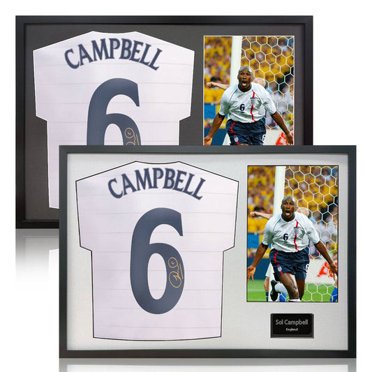 The Fan Cave Sol Campbell signed framed England football shirt with photo 50 x 70 cm