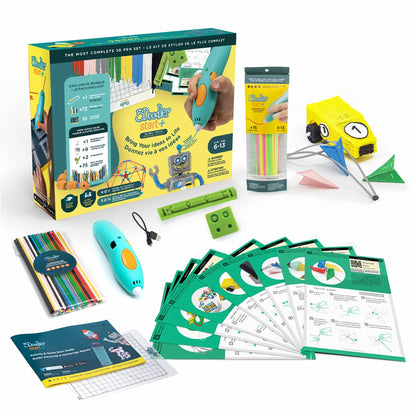 Blue 3Doodler Start+ 3D pen resting on a clear DoodlePad next to colorful eco-plastic strands, silicone molds, and an activity guide on a white play desk.