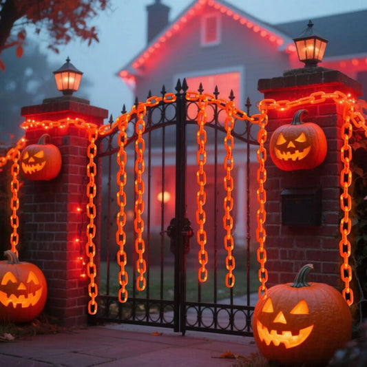 A 3m string of Halloween plastic chain lights glowing with vibrant orange LEDs, draped across a spooky outdoor skeleton dog prop at night