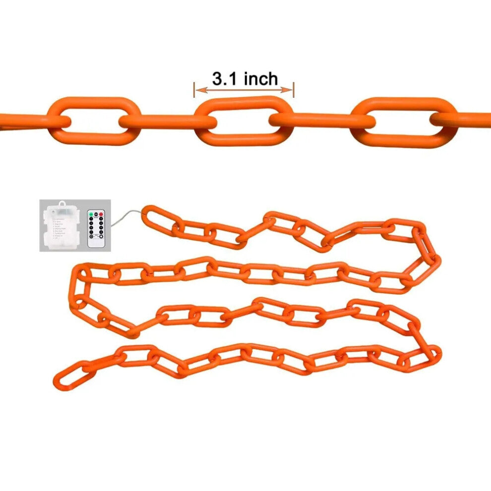 A 3m string of Halloween plastic chain lights glowing with vibrant orange LEDs, draped across a spooky outdoor skeleton dog prop at night