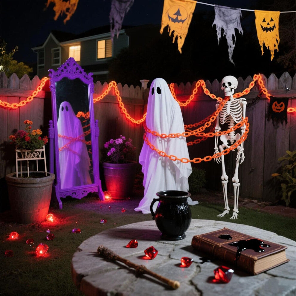 A 3m string of Halloween plastic chain lights glowing with vibrant orange LEDs, draped across a spooky outdoor skeleton dog prop at night