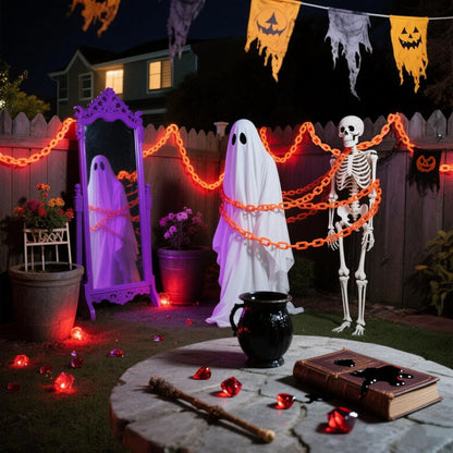 A 3m string of Halloween plastic chain lights glowing with vibrant orange LEDs, draped across a spooky outdoor skeleton dog prop at night