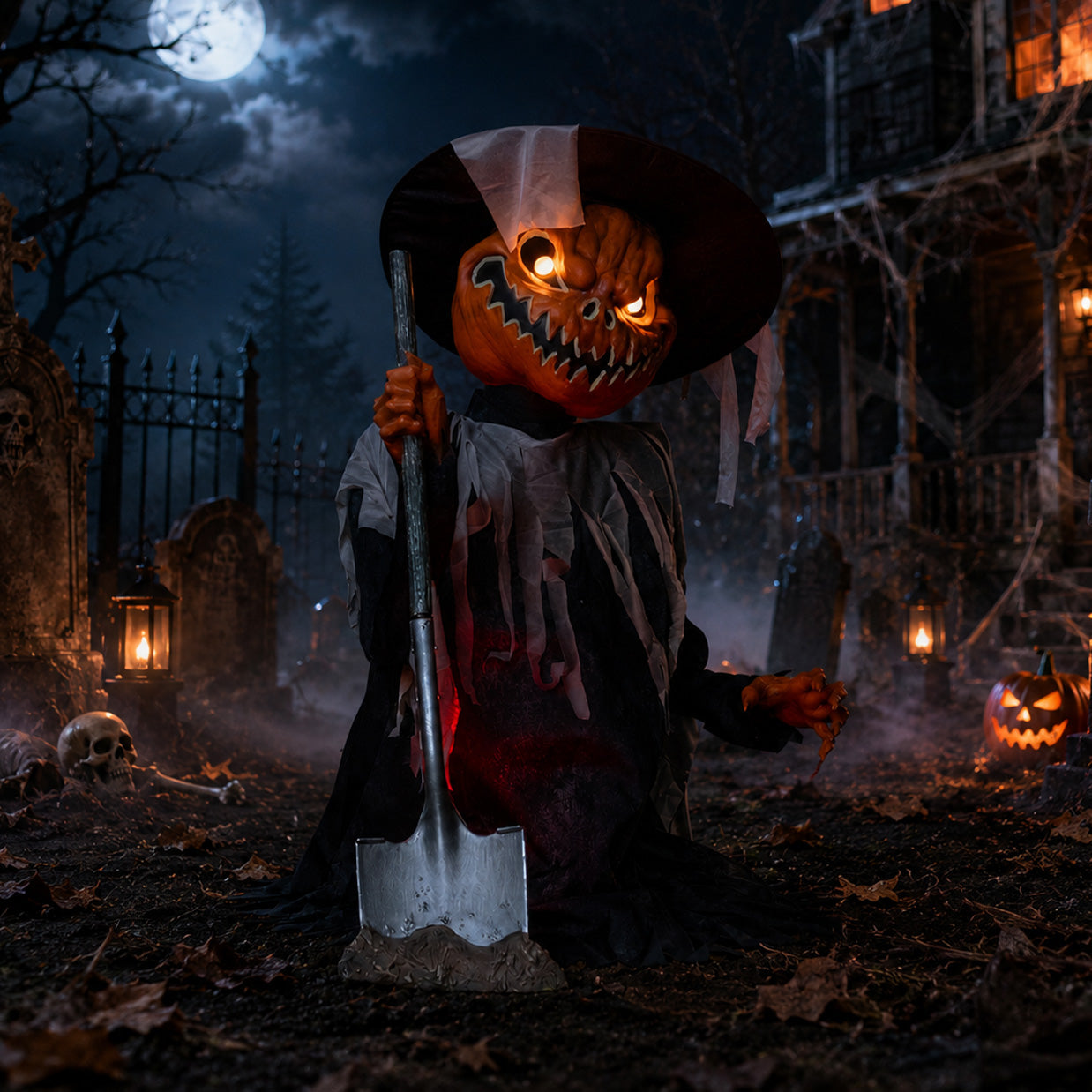 Front view of a 3ft pop-up pumpkin head scarecrow animatronic wearing a ragged brown tunic and hat with glowing orange LED eyes and red shovel light against a dark backdrop.