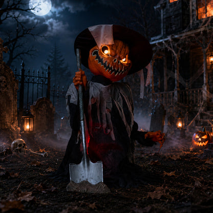 Front view of a 3ft pop-up pumpkin head scarecrow animatronic wearing a ragged brown tunic and hat with glowing orange LED eyes and red shovel light against a dark backdrop.