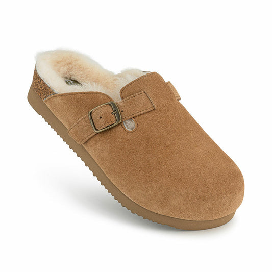Bowron Ladies Sheepskin Clog Slippers in chestnut suede