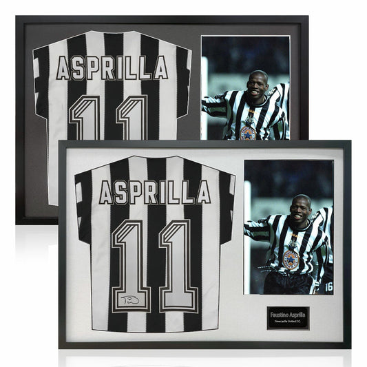 The Fan Cave Faustino Asprilla signed framed Newcastle football shirt with photo 50 x 70 cm
