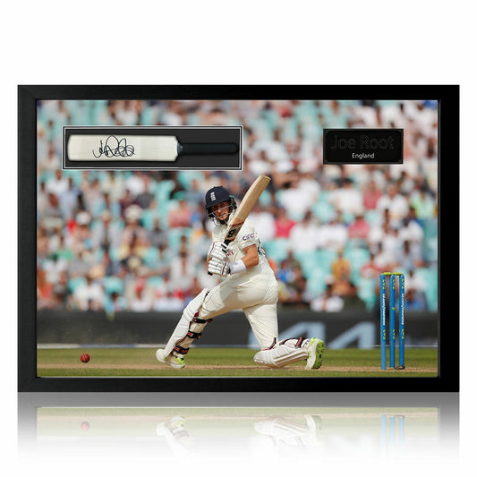 The Fan Cave Joe Root signed framed England mini cricket bat, batting design