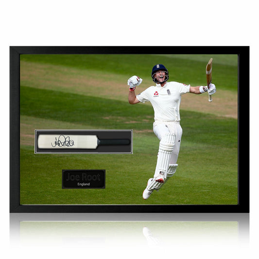The Fan Cave Joe Root signed framed England mini cricket bat, celebration design
