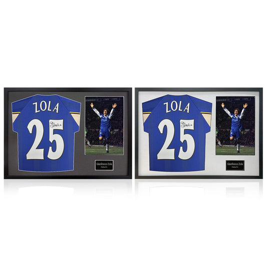The Fan Cave Gianfranco Zola signed framed Chelsea football shirt with photo 50 x 70 cm