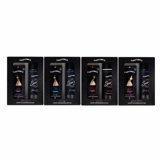 Carfume car air freshener gift set with glass diffuser and spray