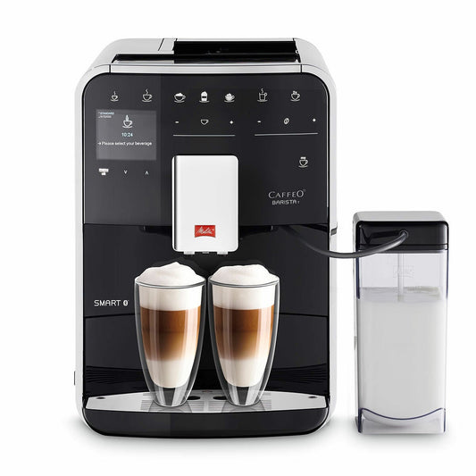 Melitta Barista T SMART black bean to cup coffee machine making two lattes with milk container