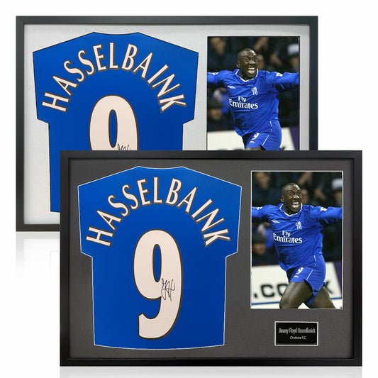 The Fan Cave Jimmy Floyd Hasselbaink signed framed Chelsea football shirt with photo 50 x 70 cm