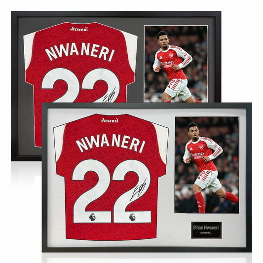 The Fan Cave Ethan Nwaneri signed framed Arsenal football shirt with photo 50 x 70 cm