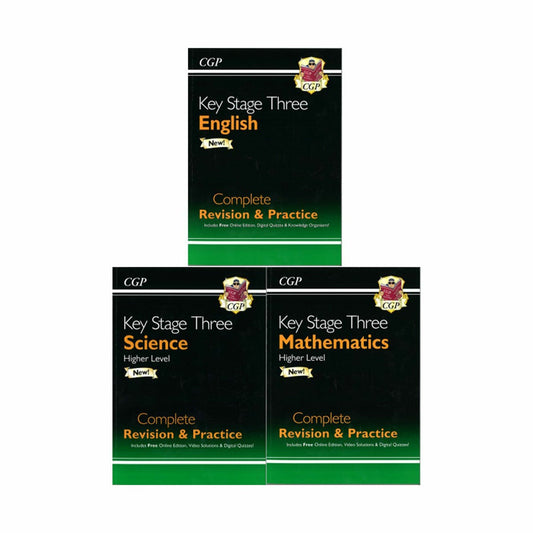 CGP KS3 Maths, Science & English Complete Revision & Practice 3-book set