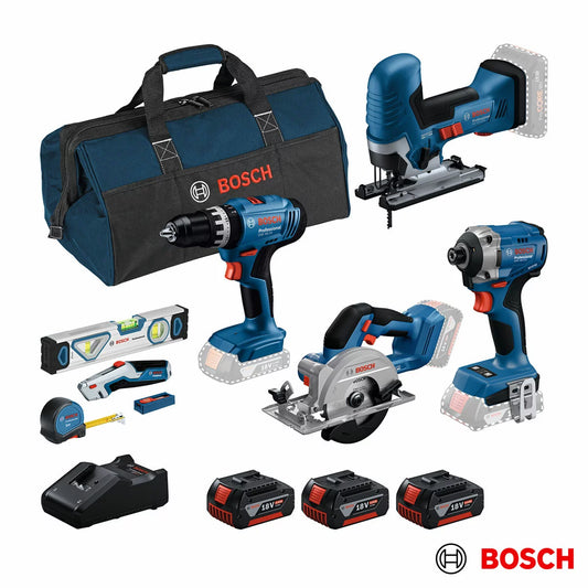 Bosch Professional 18V cordless tool kit with batteries, charger, and tool bag arranged for construction and DIY work