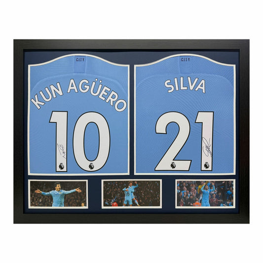 Allstarsignings Sergio Agüero & David Silva Double Signed Framed Manchester City 2021/22 Shirts