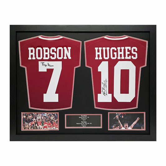 Allstarsignings Bryan Robson & Mark Hughes Double Signed Framed Manchester United Shirts