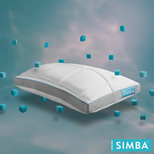 Simba Hybrid Flex adjustable pillow, white with grey mesh border, surrounded by blue foam Nanocubes