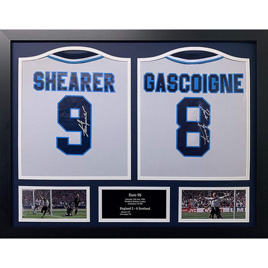 Allstarsignings Alan Shearer and Paul Gascoigne signed framed England Euro 96 shirts, 84.5 x 64.5 cm