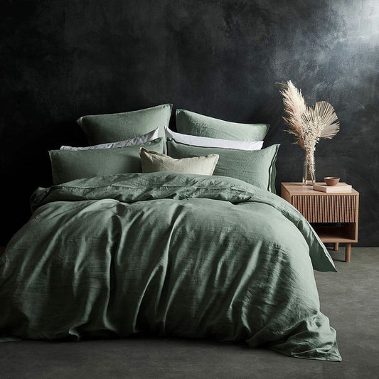 Lazy Linen Green 100% washed linen duvet cover set with two pillowcases