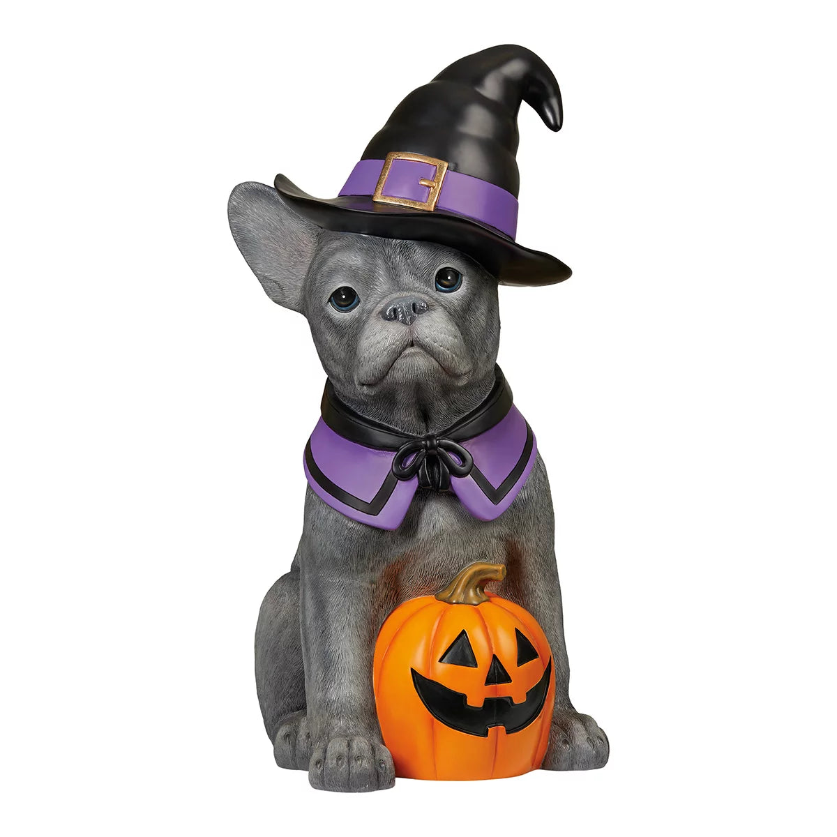 Front view of a 26-inch hand-painted resin Halloween dog greeter figurine dressed in a whimsical seasonal outfit, displayed on a front porch next to autumn pumpkins.