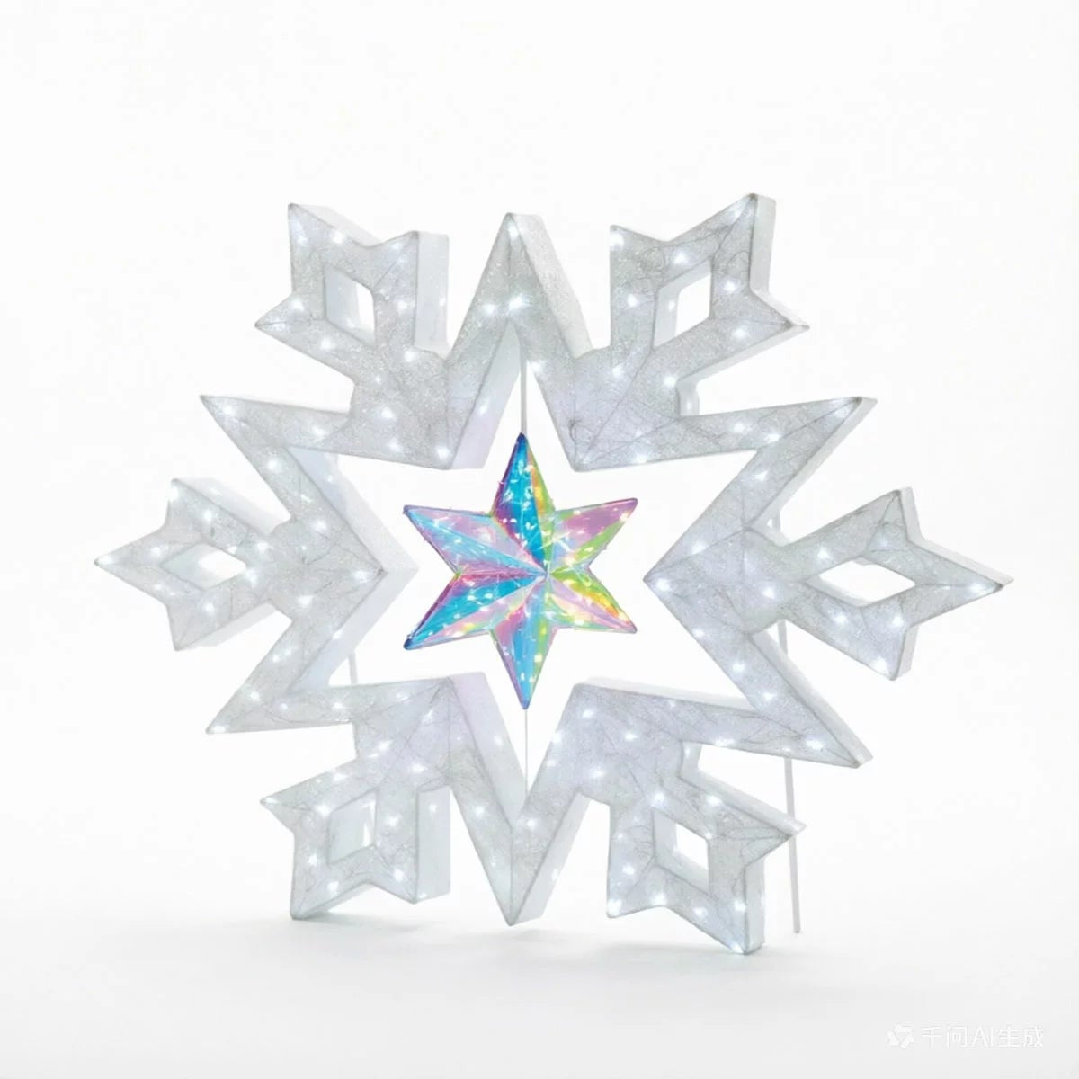 A 48-inch illuminated white LED snowflake holiday light with a center rotating prismatic star glowing brightly on a dark green outdoor lawn at night.