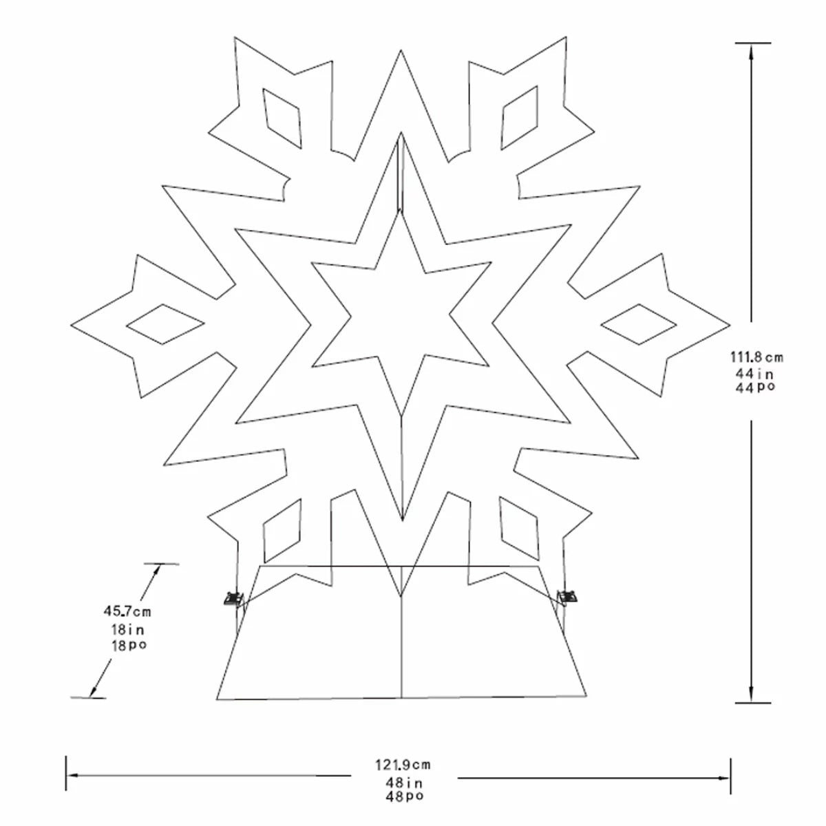A 48-inch illuminated white LED snowflake holiday light with a center rotating prismatic star glowing brightly on a dark green outdoor lawn at night.