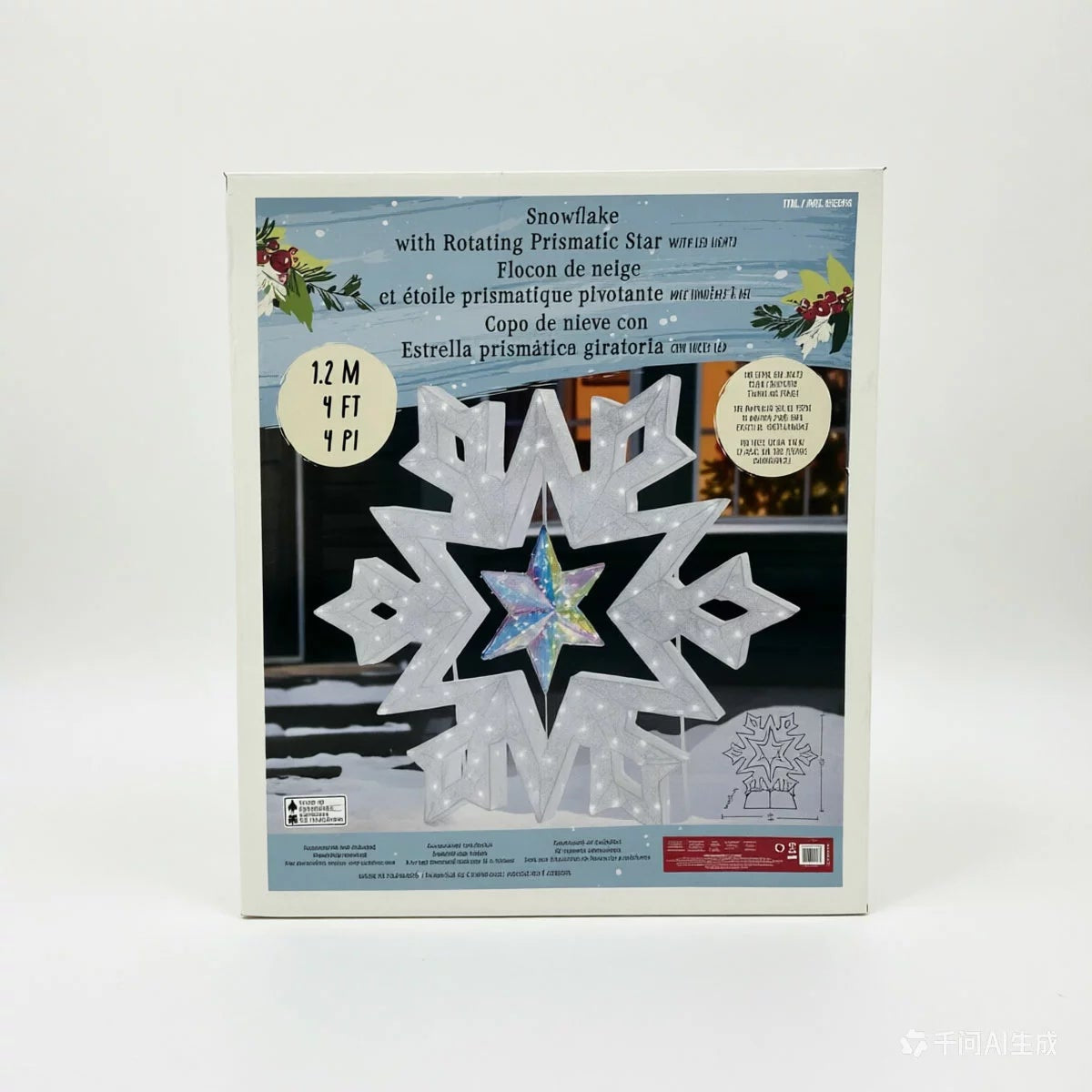 A 48-inch illuminated white LED snowflake holiday light with a center rotating prismatic star glowing brightly on a dark green outdoor lawn at night.