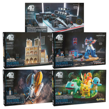 Three-quarter angle view of a completed 4D Build Puzzle model sitting assembled on a dark wooden desk beside a bookshelf.