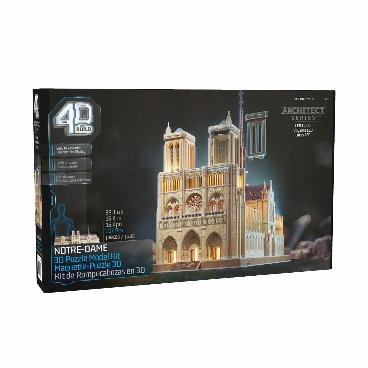 Three-quarter angle view of a completed 4D Build Puzzle model sitting assembled on a dark wooden desk beside a bookshelf.