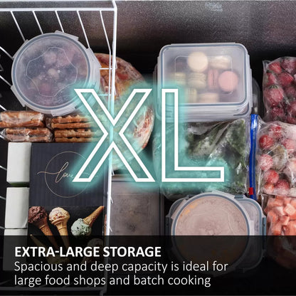 Haier HCE519EK 504L white chest freezer with large capacity frozen food storage and E-rated energy efficiency .