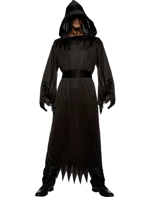 Full-length Phantom of Darkness adult costume featuring a black tattered hooded robe and face-concealing black veil against a neutral studio backdrop.