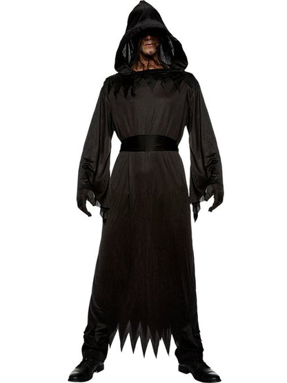 Full-length Phantom of Darkness adult costume featuring a black tattered hooded robe and face-concealing black veil against a neutral studio backdrop.