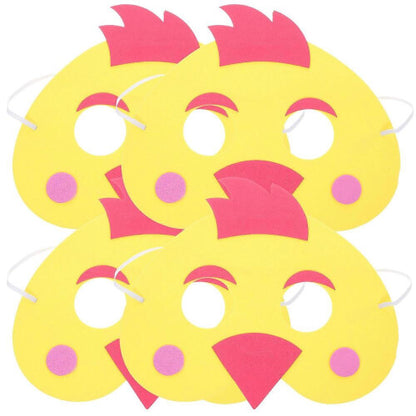 Flat lay of four yellow and red felt chicken animal masks for children showing elastic headbands on a clean background.