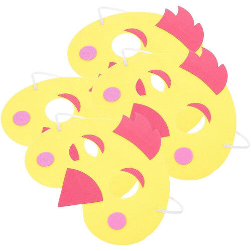 Flat lay of four yellow and red felt chicken animal masks for children showing elastic headbands on a clean background.