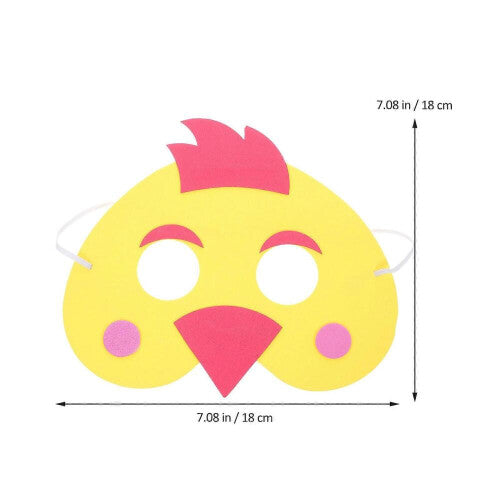 Flat lay of four yellow and red felt chicken animal masks for children showing elastic headbands on a clean background.