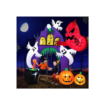Side view of a 4ft white inflatable Halloween ghost with bright internal LED lights attached to a house window pane with suction cups.