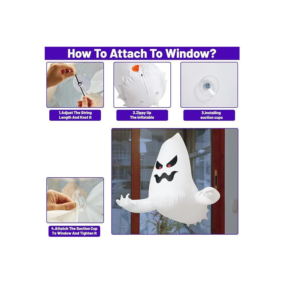 Side view of a 4ft white inflatable Halloween ghost with bright internal LED lights attached to a house window pane with suction cups.