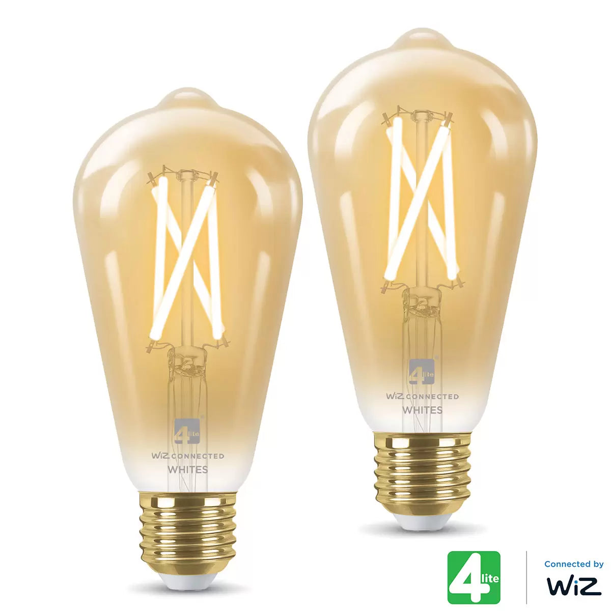 Pair of 4lite E27 amber glass filament smart bulbs lit with a warm glowing light against a modern room background.