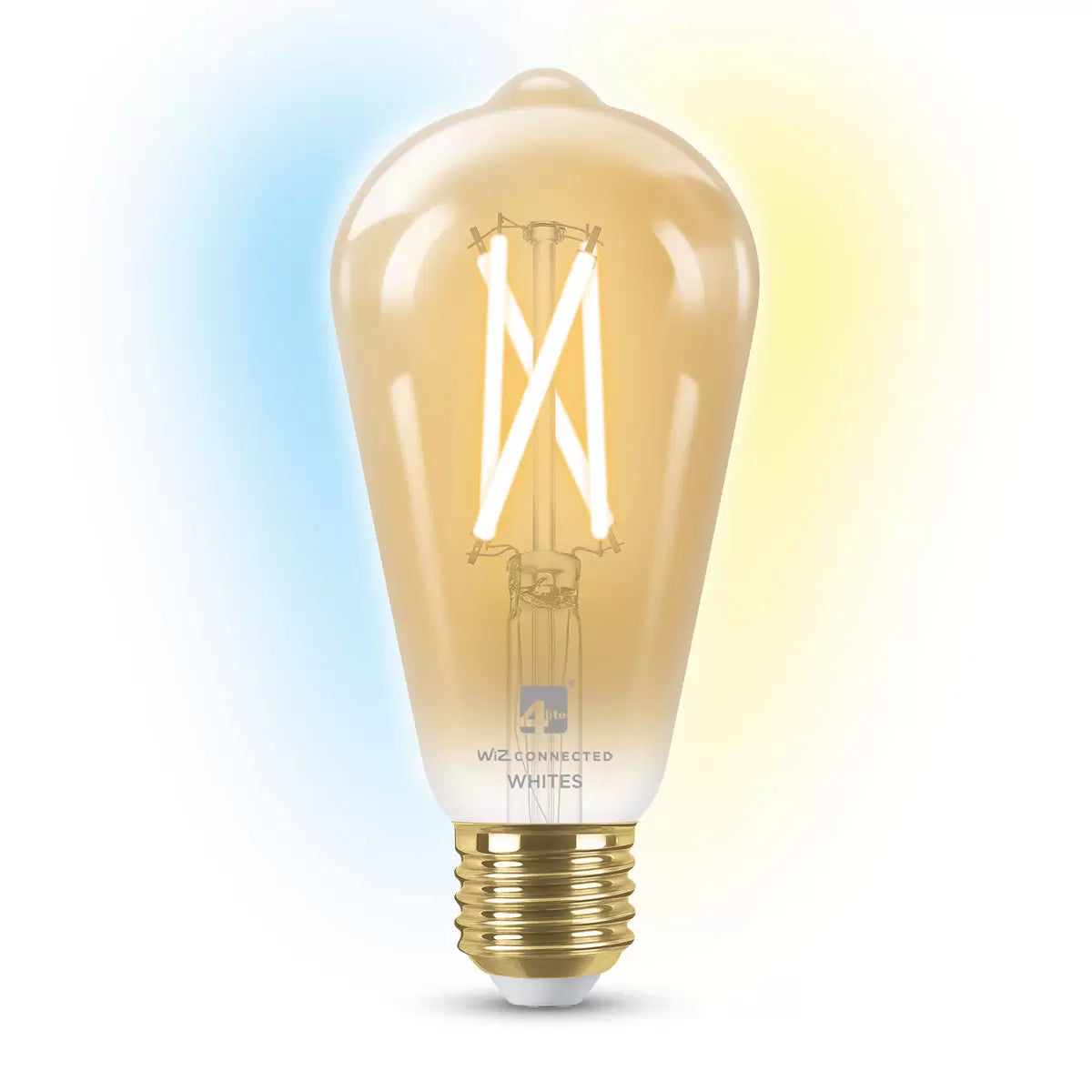 Pair of 4lite E27 amber glass filament smart bulbs lit with a warm glowing light against a modern room background.