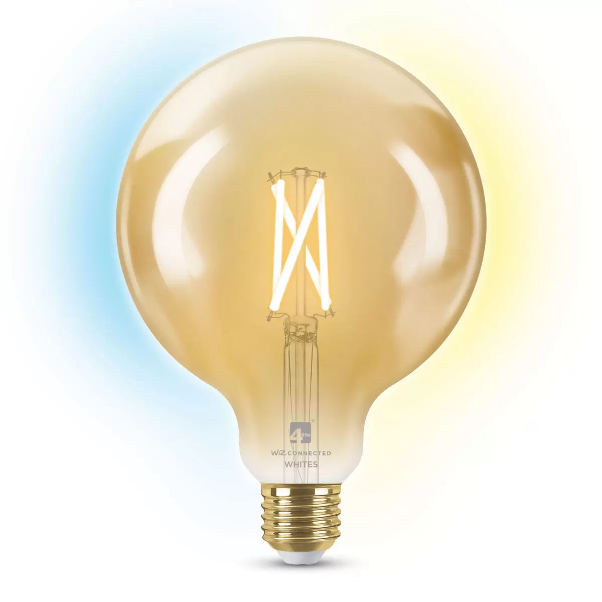A pair of 4lite WiZ Connected E27 Amber Filament Smart Bulbs glowing with a warm orange vintage light inside a contemporary living room setting.