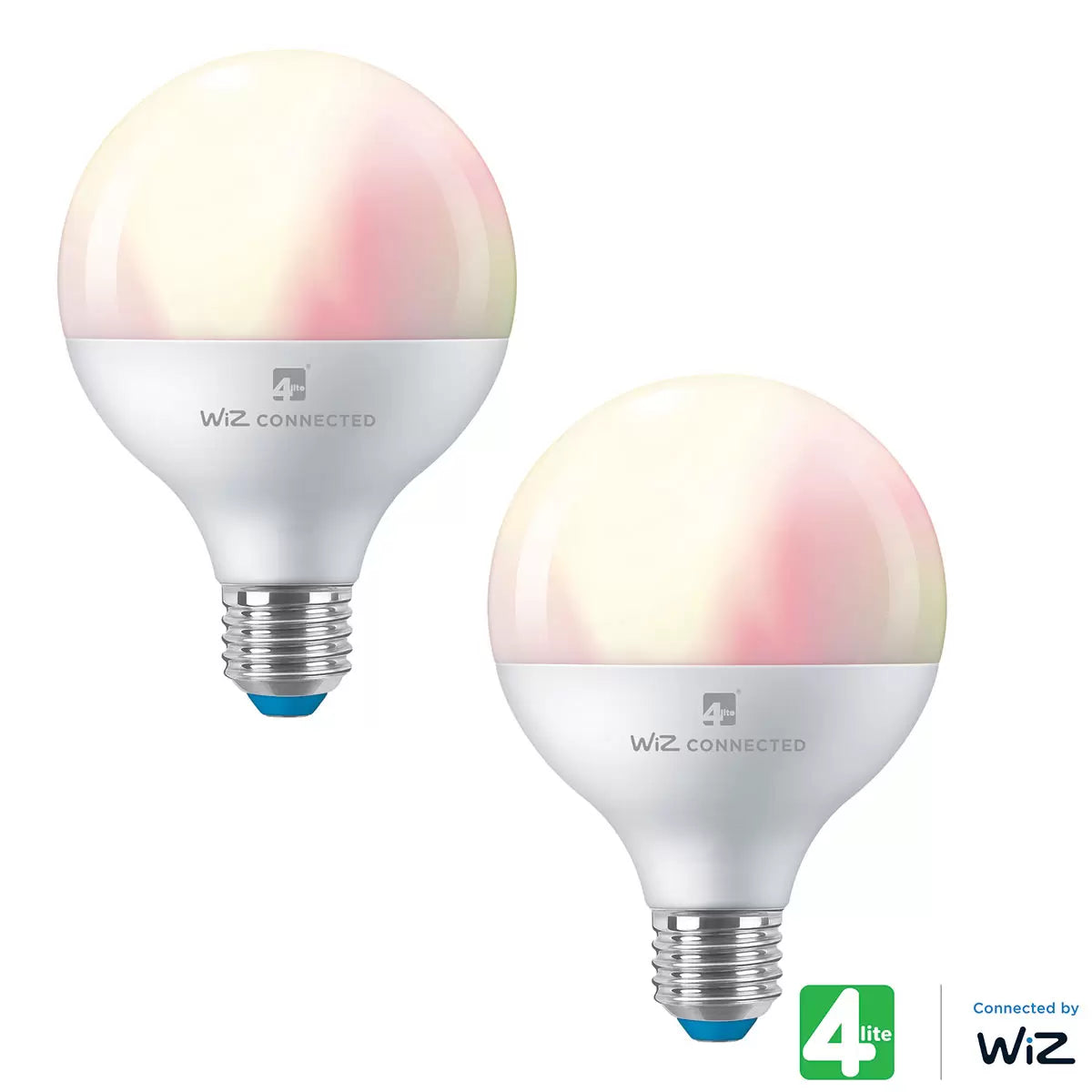 A pair of large opaque white 4lite WiZ G95 E27 smart LED globe bulbs standing upright, showcasing their Edison screw bases against a clean, neutral background.