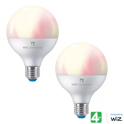 A pair of large opaque white 4lite WiZ G95 E27 smart LED globe bulbs standing upright, showcasing their Edison screw bases against a clean, neutral background.