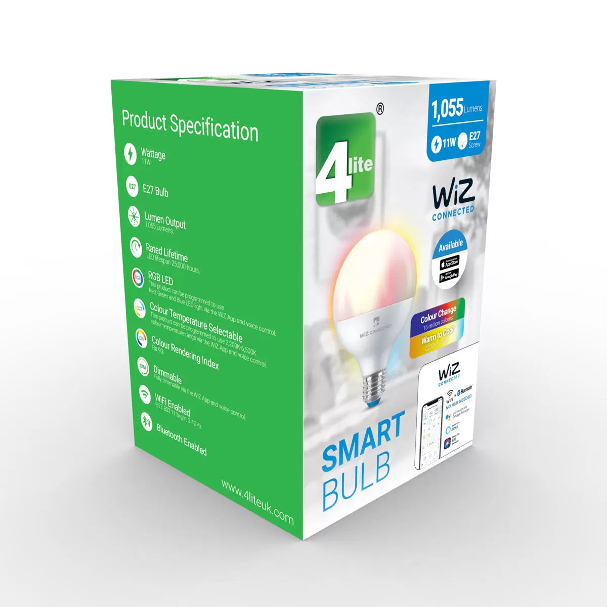 A pair of large opaque white 4lite WiZ G95 E27 smart LED globe bulbs standing upright, showcasing their Edison screw bases against a clean, neutral background.