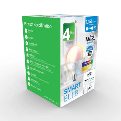 A pair of large opaque white 4lite WiZ G95 E27 smart LED globe bulbs standing upright, showcasing their Edison screw bases against a clean, neutral background.
