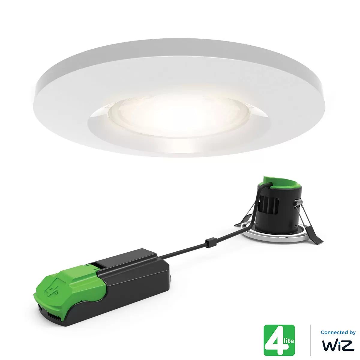 A minimalist matte white 4lite WiZ smart downlight recessed cleanly into a white ceiling, glowing with a soft, warm candle-like light.