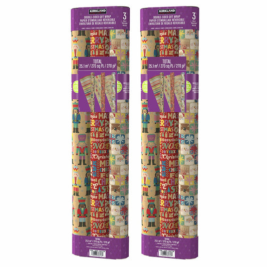 Christmas wrapping paper trio pack, 540 sq ft, reversible brights designs