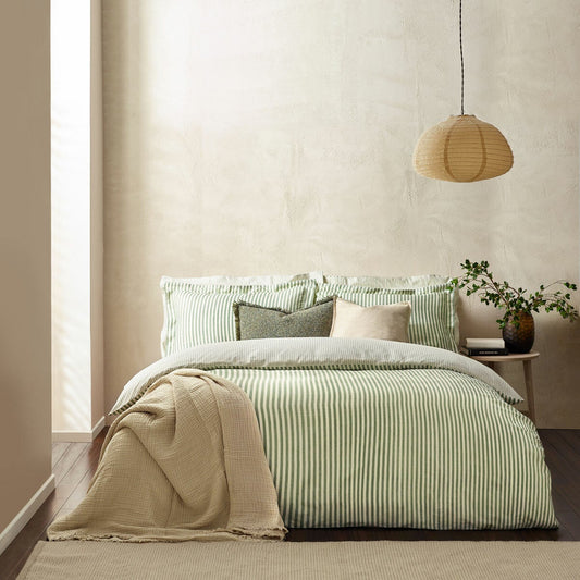 Yard Hebden 100% cotton reversible stripe duvet cover set, forest green